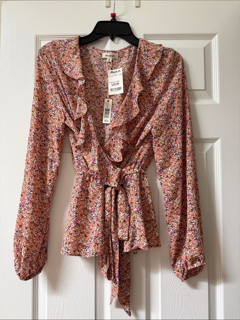 Max Studio New with Tags Peach Floral Ruffle Wrap Blouse Medium